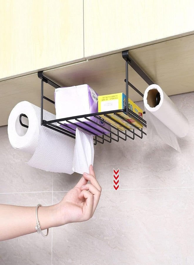 Go Hooked Under Shelf Storage Basket,2 Pack,Under Cabinet Hanging Basket Organizer with Tissue Holder,Under Cabinet Storage Shelf Wire Baskets for Kitchen Pantry Bathroom (Black (2) - Image 5